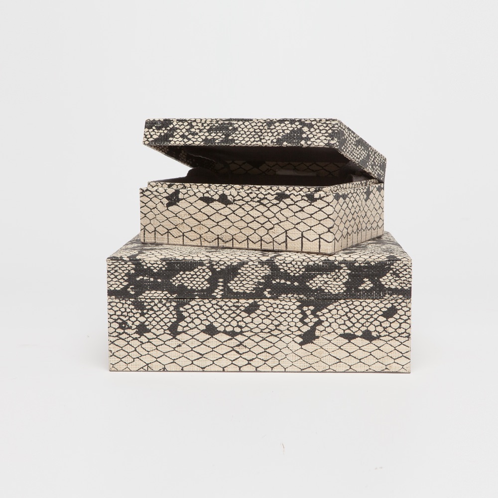 snake print boxes | interior design accessories accents | Charleston Interior Designer