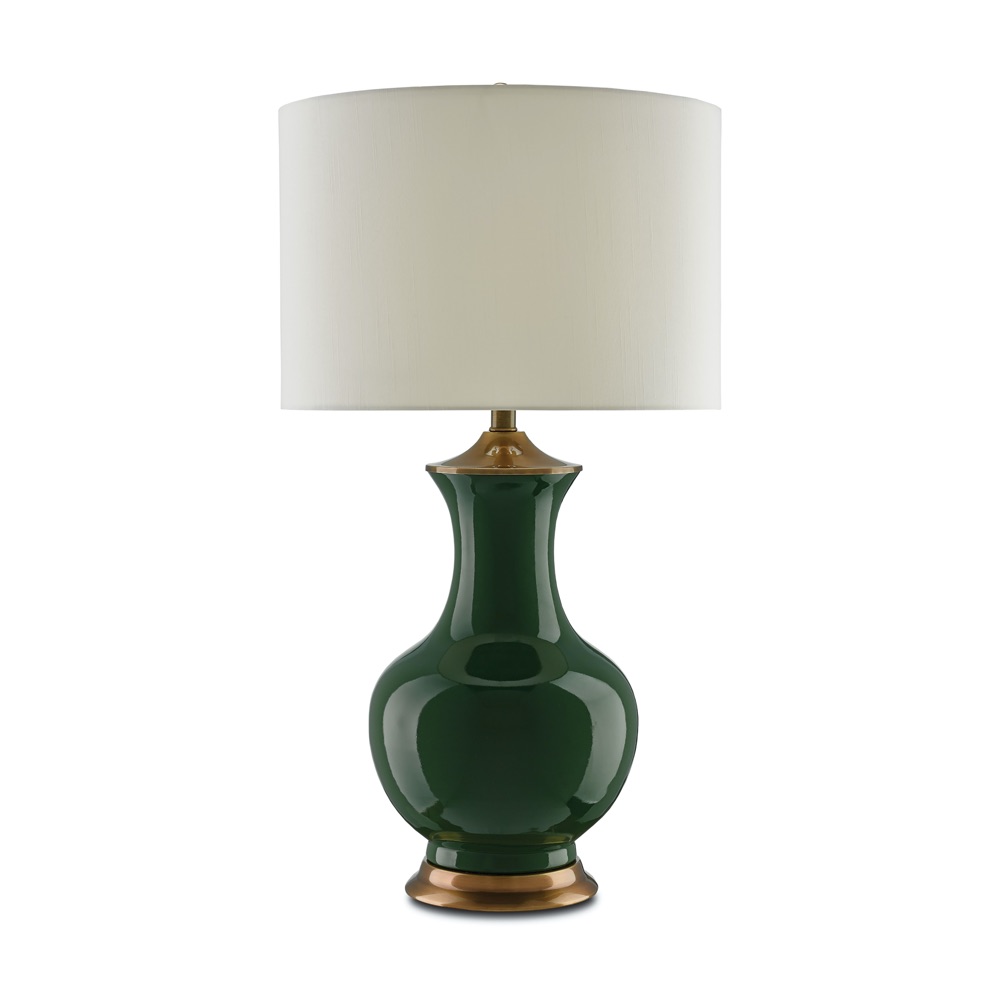 deep green lamp with brass accents| interior design lighting | Charleston Interior Designer